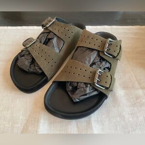 The Kooples Womens Kkaki Green Suede Buckle Slides Sandals Fr Sz 39 US 8 new